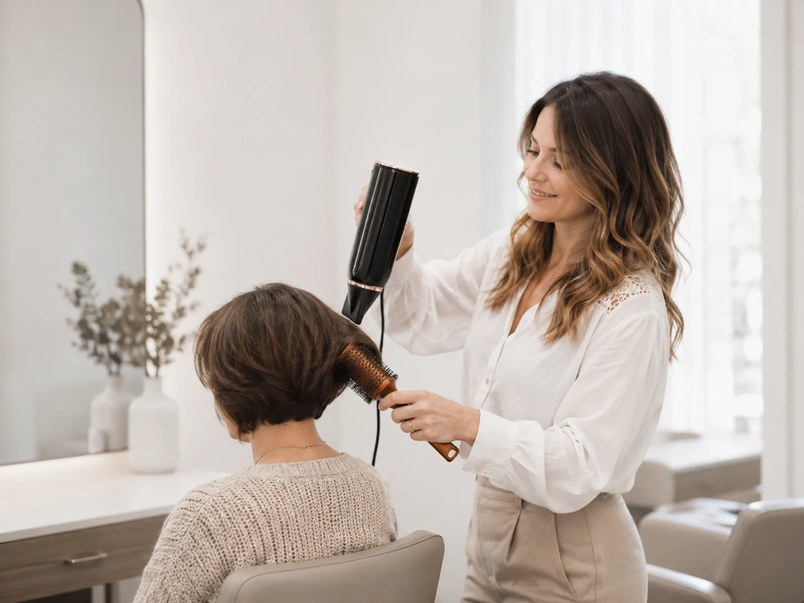 Coiffeuse Maison Ondé en plein brushing — geste précis, ambiance lumineuse